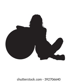 Sport. Girl sitting next to a ball. Vector, isolated silhouette.