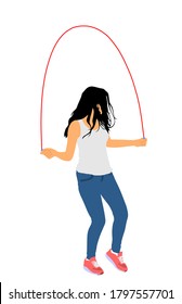 Sport girl skipping with jump rope vector isolated. fitness instructor. Sport exercising and lifestyle concept. Athlete woman skipping rope. Fitness Workout. Healthy athletic lady workout fun in gym