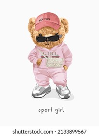 sport girl slogan with bear doll in pink tracksuit and sunglases vector illustration