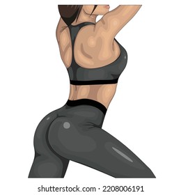 Chica deportiva con un cuerpo tonificado en la posición lateral del traje Fitness. Ilustración del vector