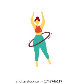 Sport girl twists hoop. Athlete is training before the competition. Gymnast doing exercises. Flat hand drawn vector graphic