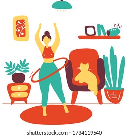 Sport girl twists hoop. Fitness exercises at home. Physical healthcare. Doodle flat vector graphic