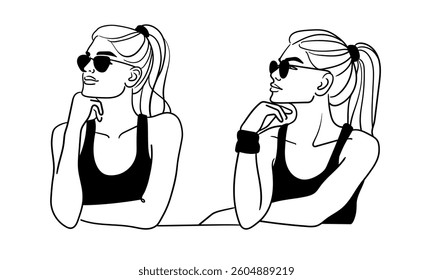 Sport girls with black glasses line art drawing. Girls narcissist, admires himself on white background. Vector illustration