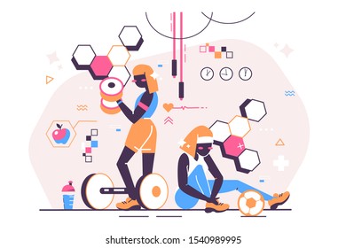 Sport girls in gym vector illustration. Young women pumping muscles with dumbbells flat style concept. Sportswoman at workout. Sport and healthy lifestyle concept