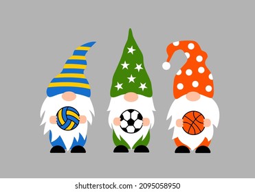 Sport gnomes. Cute characters  holding  basketball, volleyball, soccer balls. Vector template for banner, poster, flyer, t-shirt, etc.