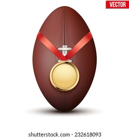 Sport gold medal with ribbon for winning the rugby hangs on the ball. Vector Illustration isolated on white background.