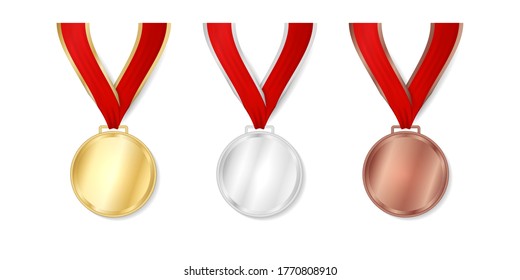 Sport golden, silver, bronze medal with red ribbon on white background. Champion winner awards template for 1, 2, 3 place. Vector illustration