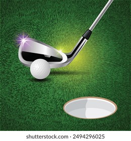 Sport Golf course in realistic style stick, Ball with Green Grass Vector.