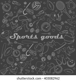 Sport goods chalk line art design vector illustration. Separate objects. Hand drawn doodle design elements.