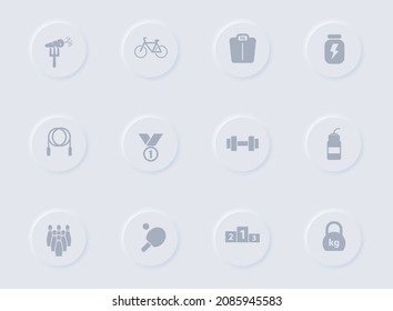 iconos vectoriales grises deportivos en botones de goma redondos. juego de iconos deportivos para web, aplicaciones móviles, diseño ui y poligrafía de negocios de promoción