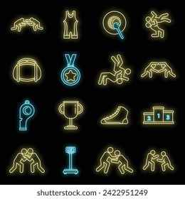 Sport greco-roman wrestling icons set. Outline set of sport greco-roman wrestling vector icons neon color on black