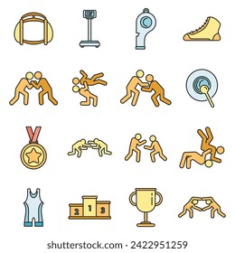 Sport greco-roman wrestling icons set. Outline set of sport greco-roman wrestling vector icons thin line color flat on white