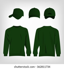 Sport green sweater and baseball cap isolated set vector