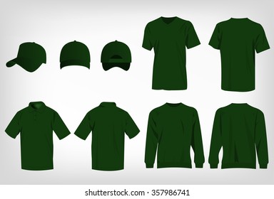 Sport green t-shirt, sweater, polo shirt and baseball cap isolated set vector