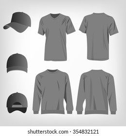 Sport grey t-shirt, sweater and baseball cap isolated set vector