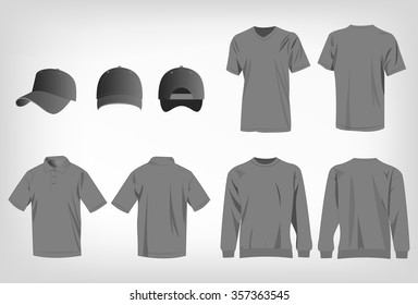 Sport grey t-shirt, sweater, polo shirt and baseball cap isolated set vector