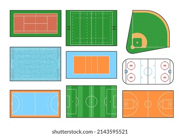 Campo deportivo, campo vectorial y cancha de baloncesto, voleibol, fútbol y hockey sobre hielo, tenis, rugby y béisbol, balonmano y deportes de waterpolo. Campo de juego verde aislado, pista, piscina