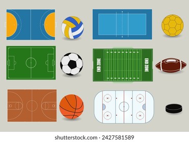 Campos deportivos para fútbol, fútbol, baloncesto, balonmano, voleibol, hockey. Con bolas