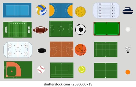 Sport grounds for tennis, baseball, soccer, football, basketball, handball, volleyball, hockey, ping pong,billiard badminton. With balls Illustration isolated on grey background Vector