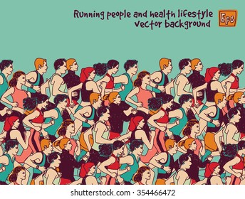 Sport group people run and sky color. Healthy marathon with group young people. Color vector illustration. EPS8