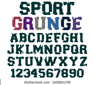 Sport grunge font vector. Varsity distressed font vector. Vintage college font, Sport alphabet, ragged edge letters and numbers. Sport design for t shirt. svg