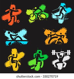 Sport grunge icons.
Set of colorful grunge icons with sport activities on the black background. Vector  available.
