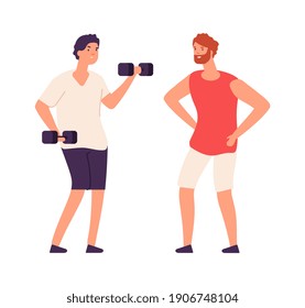 Sport guy swinging with dumbbells. Sporting workout with personal trainer. Isolated flat bodybuilder vector character