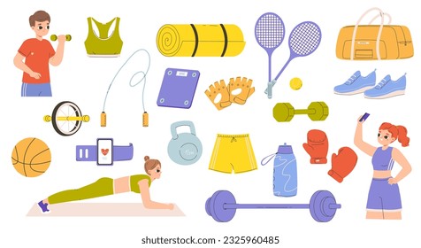 Sport gym accessory, girl with phone doing selfie. Fitness training equipment, cartoon athlete characters. Snugly sporty tools vector collection