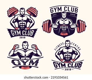 Sport, Gym or Athletic club emblem set. Muscular strong man with barbell. Sports badges vector illustration