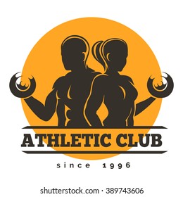 Sport, Gym or Athletic Club Emblem. Woman and Man holds dumbbells. Free font used. Isolated on white.