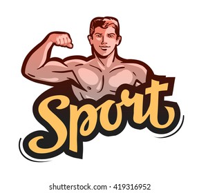 sport or gym. bodybuilder bends arm. vector illustration