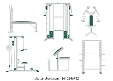Sport Gym Club Equipment Set Isolated on White. Accessories for Bodybuilding Exercises and Weight Training Activity. Healthy Lifestyle. Dumbbells, Barbells Racks, Sport Machines for Power Lifting