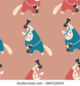 sport gym cute white cat in blue pink sport costume seamless pattern on pink background. kawaii fitness sport cat in sport clothes. cat does exercises spring diet. Fitness pattern. Fitness cat