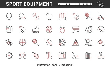 Equipamiento deportivo de gimnasia, equipo para entrenamiento de fitness y juegos de delgados iconos de línea roja y negra establecen ilustración vectorial. Resumen de campanilla y pesas para el músculo de entrenamiento, pelota para tenis, voleibol y fútbol