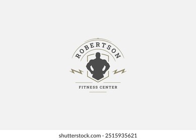 Sport gym fitness club athletic man coach retro logo design template vector flat illustration. Bodybuilding muscular male athlete silhouette weight workout old style minimalist logotype