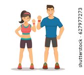 Sport gym fitness couple. Smiling young woman and man instructors. cartoon vector illustration
