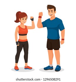 Sport gym fitness couple. Smiling young woman and man instructors. cartoon vector illustration isolated on white background