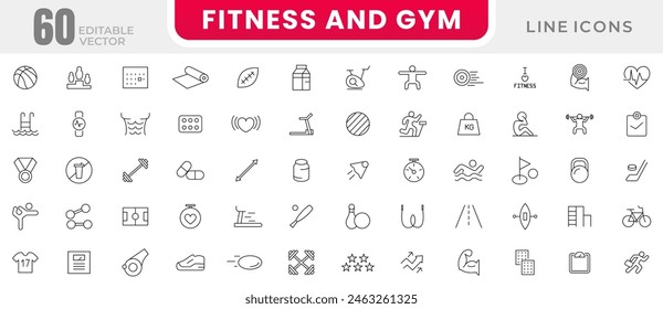 Sport, gym and fitness line icons set. Healthy lifestyle, weight training, body care, physical activity outline icons collection. Thin outline icons pack