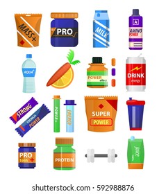 Sport and gym fitness nutrition and dietary supplements. Energy snack bar, protein drink in shaker cup, vitamin juice and muscle mass boost powder. Vector flat icons of dumbbell, water and carrot