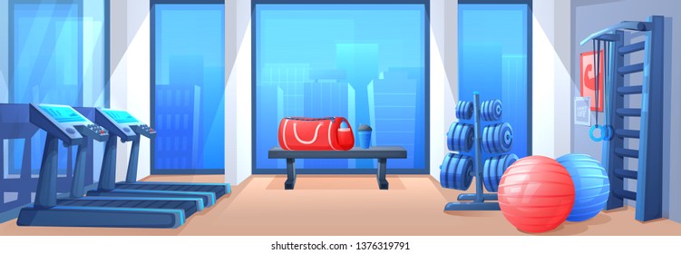 Sport Gym Interior Room. Fitness Equipment - A Treadmill And A Fitballs And A Dumbbells. Vector Cartoon Illustration