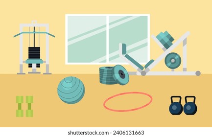 Sport Gym Interior Workout Equipment Copy Space Flat Vektorgrafik