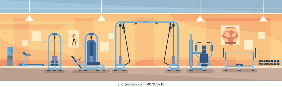 Sport Gym Interior Workout Equipment Flat Vector Illustration