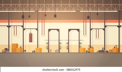 Sport Gym Interior Workout Equipment Copy Space Flat Vector Illustration