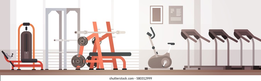 Sport Gym Interior Workout Equipment Copy Space Flat Vector Illustration