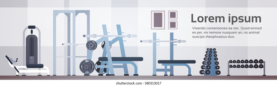 Sport Gym Interior Workout Equipment Copy Space Flat Vector Illustration