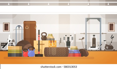 Sport Gym Interior Workout Equipment Copy Space Flat Vector Illustration