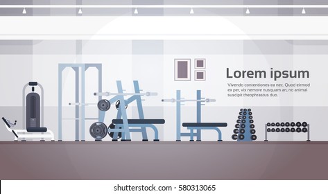 Sport Gym Interior Workout Equipment Copy Space Flat Vector Illustration