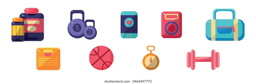 Sport Gym Object and Equipment Flat Icon Vector Set