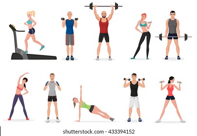 Sport gym people set with dumbbells, barbells and fitness tools. Man and women fitness