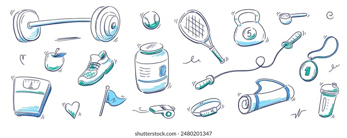 Sport gym sketch health icon set. Hand drawn sketch doodle healthy sport, gym fit exercise equipment icon.Doodle hand drawn tennis ball, bottle, dumbbell fit equipment. Vector illustration.